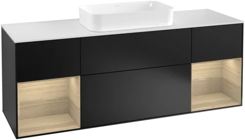 VILLEROY BOCH Toaletní skříňka Finion, s osvětlením, 4 výsuvy, 1600 x 603 x 501 mm, černý matný lak / dubová dýha / sklo bílé matné #F331PCPD