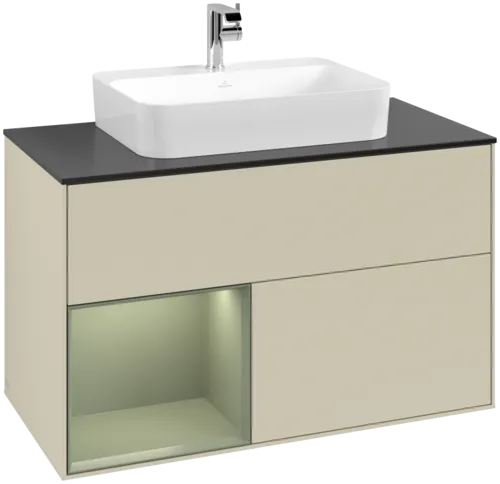 VILLEROY BOCH Toaletní skříňka Finion, s osvětlením, 2 výsuvy, 1000 x 603 x 501 mm, hedvábně šedý matný lak / olivový matný lak / černé matné sklo #F362GMHJ