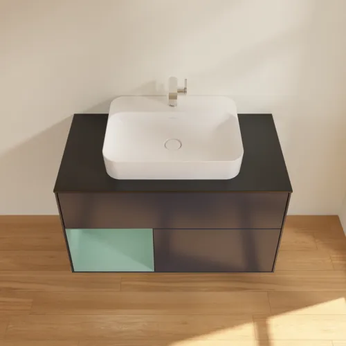VILLEROY BOCH Toaletní skříňka Finion, s osvětlením, 2 výsuvy, 1000 x 603 x 501 mm, Midnight Blue Matt Lacquer / Olive Matt Lacquer / Glass Black Matt #F362GMHG, obrázek 4