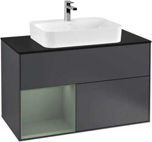 VILLEROY BOCH Toaletní skříňka Finion, s osvětlením, 2 výsuvy, 1000 x 603 x 501 mm, Midnight Blue Matt Lacquer / Olive Matt Lacquer / Glass Black Matt #F362GMHG