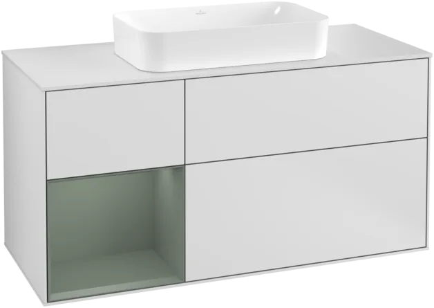 VILLEROY BOCH Toaletní skříňka Finion, s osvětlením, 3 výsuvy, 1200 x 603 x 501 mm, bílý matný lak / olivový matný lak / sklo bílé matné #F291GMMT