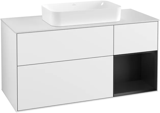 VILLEROY BOCH Toaletní skříňka Finion, s osvětlením, 3 výsuvy, 1200 x 603 x 501 mm, lesklý bílý lak / černý matný lak / sklo bílé matné #F301PDGF