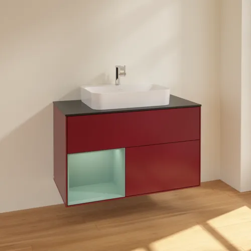 VILLEROY BOCH Toaletní skříňka Finion, s osvětlením, 2 výsuvy, 1000 x 603 x 501 mm, Pivoňka matný lak / Olivový matný lak / Sklo černé matné #F362GMHB, obrázek 2