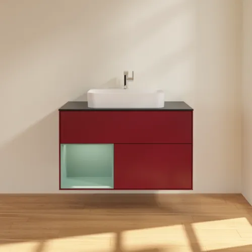VILLEROY BOCH Toaletní skříňka Finion, s osvětlením, 2 výsuvy, 1000 x 603 x 501 mm, Pivoňka matný lak / Olivový matný lak / Sklo černé matné #F362GMHB, obrázek 3