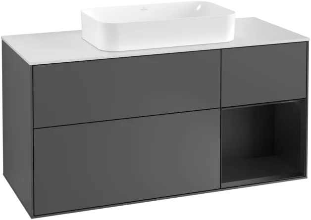 VILLEROY BOCH Toaletní skříňka Finion, s osvětlením, 3 výsuvy, 1200 x 603 x 501 mm, antracitový matný lak / černý matný lak / bílé matné sklo #F301PDGK