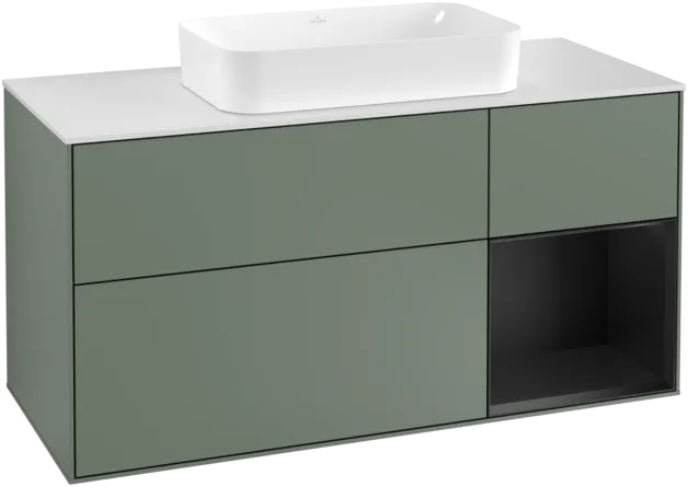 VILLEROY BOCH Toaletní skříňka Finion, s osvětlením, 3 výsuvy, 1200 x 603 x 501 mm, olivový matný lak / černý matný lak / bílé matné sklo #F301PDGM