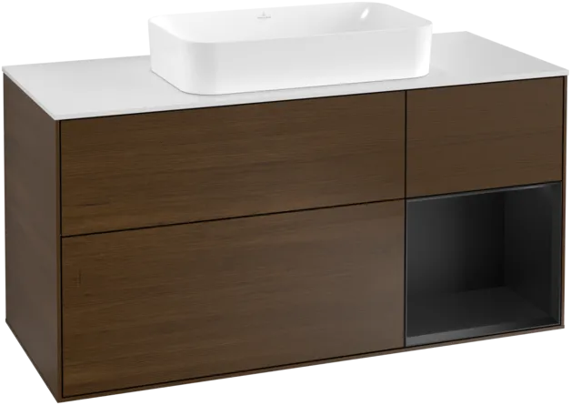 VILLEROY BOCH Toaletní skříňka Finion, s osvětlením, 3 výsuvy, 1200 x 603 x 501 mm, ořechová dýha / černý matný lak / sklo bílé matné #F301PDGN
