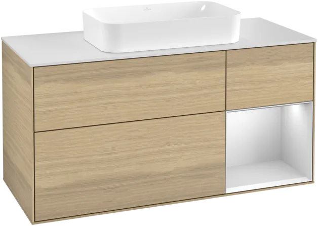 VILLEROY BOCH Toaletní skříňka Finion, s osvětlením, 3 výsuvy, 1200 x 603 x 501 mm, dubová dýha / bílý matný lak / bílé matné sklo #F301MTPC