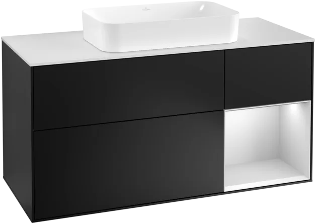 VILLEROY BOCH Toaletní skříňka Finion, s osvětlením, 3 výsuvy, 1200 x 603 x 501 mm, černý matný lak / bílý matný lak / bílé matné sklo #F301MTPD