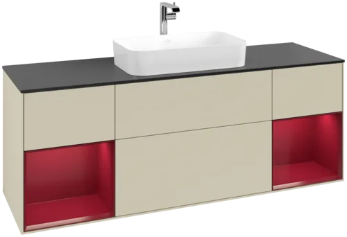 VILLEROY BOCH Toaletní skříňka Finion, s osvětlením, 4 výsuvy, 1600 x 603 x 501 mm, Silk Grey Matt Lacquer / Peony Matt Lacquer / Glass Black Matt #F332HBHJ