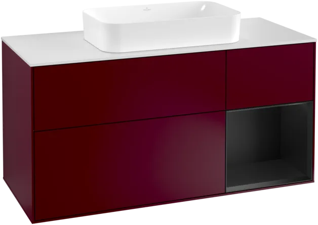 VILLEROY BOCH Toaletní skříňka Finion, s osvětlením, 3 výsuvy, 1200 x 603 x 501 mm, Pivoňka matný lak / Černý matný lak / Sklo bílé matné #F301PDHB