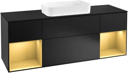 VILLEROY BOCH Toaletní skříňka Finion, s osvětlením, 4 výsuvy, 1600 x 603 x 501 mm, černý matný lak / zlatý matný lak / černé matné sklo #F332HFPD