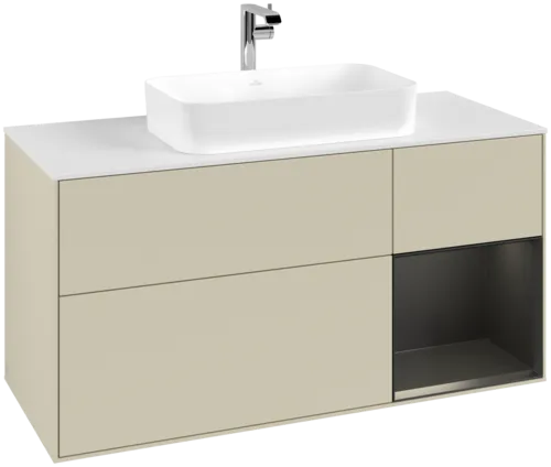 VILLEROY BOCH Toaletní skříňka Finion, s osvětlením, 3 výsuvy, 1200 x 603 x 501 mm, hedvábně šedý matný lak / černý matný lak / bílé matné sklo #F301PDHJ