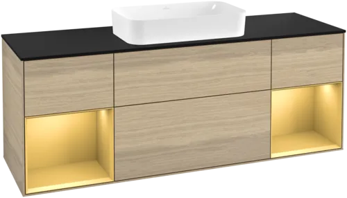 VILLEROY BOCH Toaletní skříňka Finion, s osvětlením, 4 výsuvy, 1600 x 603 x 501 mm, dubová dýha / zlatý matný lak / černé matné sklo #F332HFPC