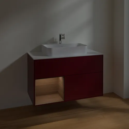 VILLEROY BOCH Toaletní skříňka Finion, s osvětlením, 2 výsuvy, 1000 x 603 x 501 mm, matný lak Peony / ořechová dýha / bílé matné sklo #F361GNHB, obrázek 5