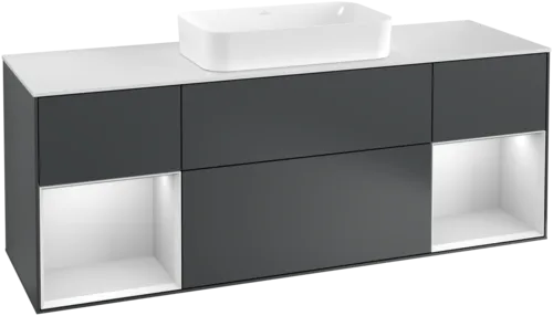 VILLEROY BOCH Toaletní skříňka Finion, s osvětlením, 4 výsuvy, 1600 x 603 x 501 mm, Midnight Blue Matt Lacquer / White Matt Lacquer / Glass White Matt #F331MTHG