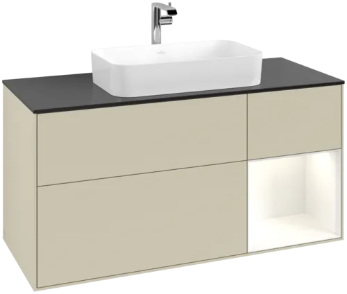 VILLEROY BOCH Toaletní skříňka Finion, s osvětlením, 3 výsuvy, 1200 x 603 x 501 mm, hedvábně šedý matný lak / lesklý bílý lak / černé matné sklo #F302GFHJ
