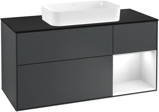 VILLEROY BOCH Toaletní skříňka Finion, s osvětlením, 3 výsuvy, 1200 x 603 x 501 mm, Midnight Blue Matt Lacquer / Glossy White Lacquer / Glass Black Matt #F302GFHG