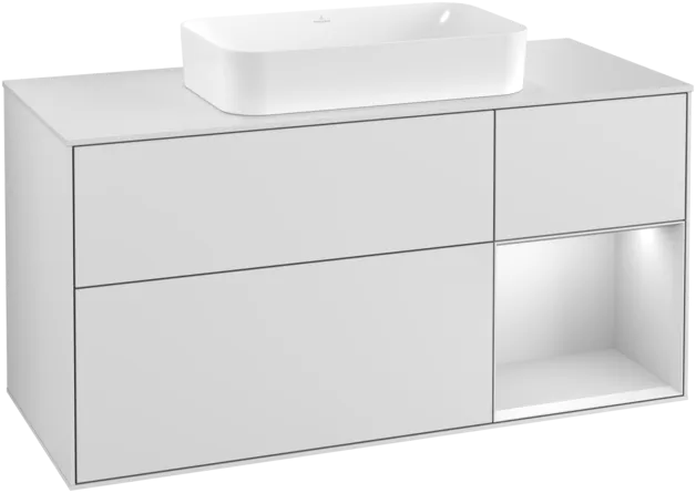 VILLEROY BOCH Toaletní skříňka Finion, s osvětlením, 3 výsuvy, 1200 x 603 x 501 mm, bílý matný lak / bílý matný lak / sklo bílé matné #F301MTMT