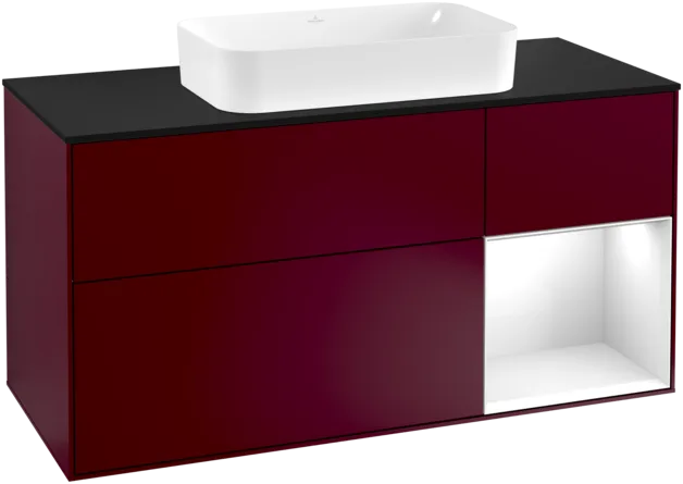 VILLEROY BOCH Toaletní skříňka Finion, s osvětlením, 3 výsuvy, 1200 x 603 x 501 mm, matný lak Peony / lesklý bílý lak / černé matné sklo #F302GFHB