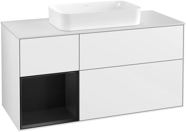 VILLEROY BOCH Toaletní skříňka Finion, s osvětlením, 3 výsuvy, 1200 x 603 x 501 mm, lesklý bílý lak / černý matný lak / sklo bílé matné #F291PDGF
