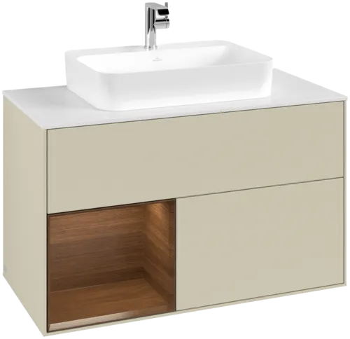 VILLEROY BOCH Toaletní skříňka Finion, s osvětlením, 2 výsuvy, 1000 x 603 x 501 mm, hedvábně šedý matný lak / ořechová dýha / sklo bílé matné #F361GNHJ
