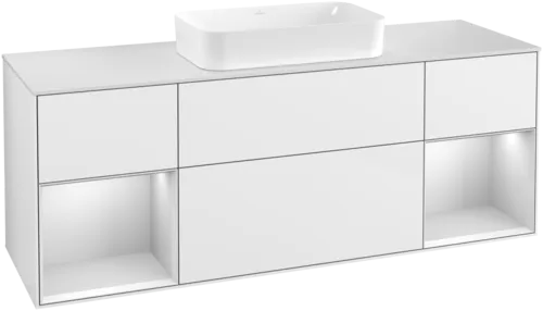 VILLEROY BOCH Toaletní skříňka Finion, s osvětlením, 4 výsuvy, 1600 x 603 x 501 mm, lesklý bílý lak / bílý matný lak / bílé matné sklo #F331MTGF