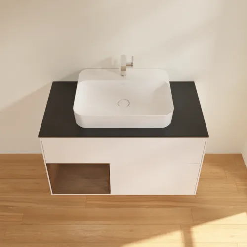 VILLEROY BOCH Toaletní skříňka Finion, s osvětlením, 2 výsuvy, 1000 x 603 x 501 mm, bílý matný lak / ořechová dýha / černé matné sklo #F362GNMT, obrázek 4