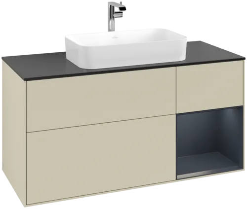 VILLEROY BOCH Toaletní skříňka Finion, s osvětlením, 3 výsuvy, 1200 x 603 x 501 mm, Silk Grey Matt Lacquer / Midnight Blue Matt Lacquer / Glass Black Matt #F302HGHJ