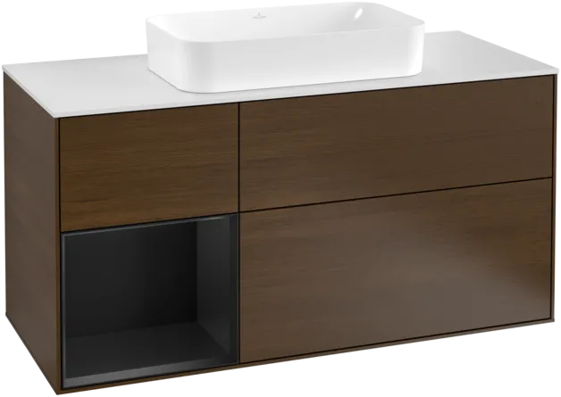 VILLEROY BOCH Toaletní skříňka Finion, s osvětlením, 3 výsuvy, 1200 x 603 x 501 mm, ořechová dýha / černý matný lak / sklo bílé matné #F291PDGN