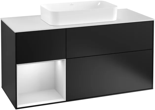 VILLEROY BOCH Toaletní skříňka Finion, s osvětlením, 3 výsuvy, 1200 x 603 x 501 mm, černý matný lak / bílý matný lak / bílé matné sklo #F291MTPD