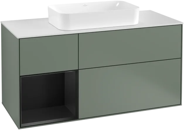 VILLEROY BOCH Toaletní skříňka Finion, s osvětlením, 3 výsuvy, 1200 x 603 x 501 mm, olivový matný lak / černý matný lak / bílé matné sklo #F291PDGM