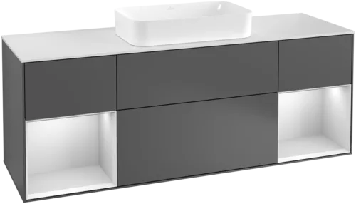 VILLEROY BOCH Toaletní skříňka Finion, s osvětlením, 4 výsuvy, 1600 x 603 x 501 mm, antracitový matný lak / bílý matný lak / bílé matné sklo #F331MTGK