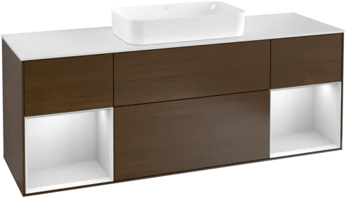 VILLEROY BOCH Toaletní skříňka Finion, s osvětlením, 4 výsuvy, 1600 x 603 x 501 mm, ořechová dýha / bílý matný lak / bílé matné sklo #F331MTGN