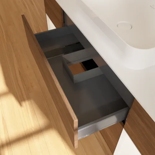 VILLEROY BOCH Toaletní skříňka Finion, s osvětlením, 4 výsuvy, 1600 x 603 x 501 mm, ořechová dýha / bílý matný lak / bílé matné sklo #F331MTGN, obrázek 8