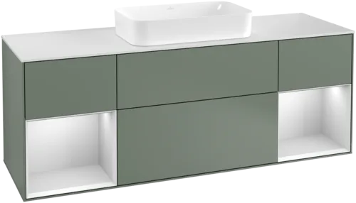 VILLEROY BOCH Toaletní skříňka Finion, s osvětlením, 4 výsuvy, 1600 x 603 x 501 mm, olivový matný lak / bílý matný lak / bílé matné sklo #F331MTGM