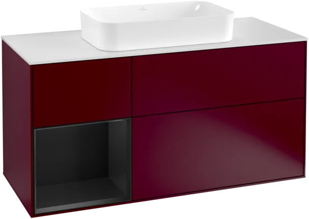 VILLEROY BOCH Toaletní skříňka Finion, s osvětlením, 3 výsuvy, 1200 x 603 x 501 mm, Pivoňka matný lak / Černý matný lak / Sklo bílé matné #F291PDHB