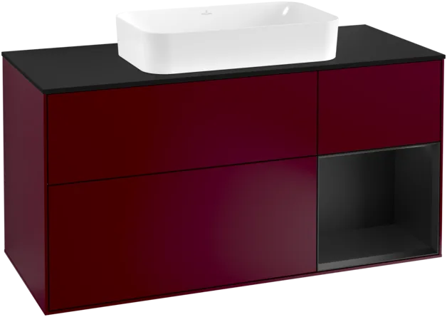 VILLEROY BOCH Toaletní skříňka Finion, s osvětlením, 3 výsuvy, 1200 x 603 x 501 mm, Peony Matt Lacquer / Black Matt Lacquer / Glass Black Matt #F302PDHB