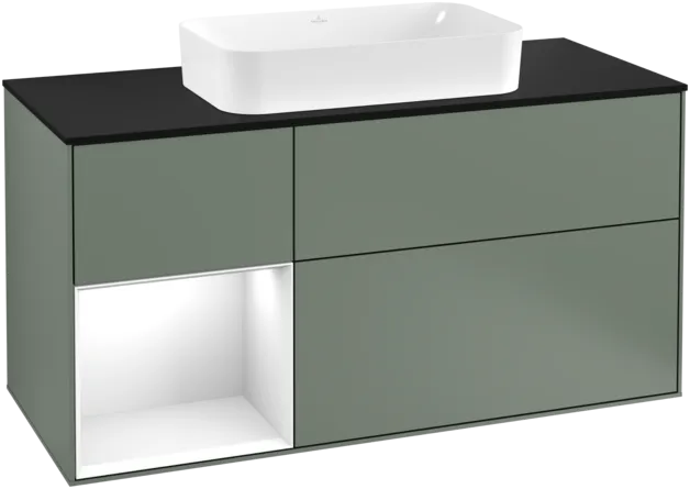 VILLEROY BOCH Toaletní skříňka Finion, s osvětlením, 3 výsuvy, 1200 x 603 x 501 mm, olivový matný lak / lesklý bílý lak / sklo černé matné #F292GFGM