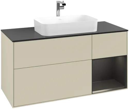 VILLEROY BOCH Toaletní skříňka Finion, s osvětlením, 3 výsuvy, 1200 x 603 x 501 mm, hedvábně šedý matný lak / černý matný lak / černé matné sklo #F302PDHJ