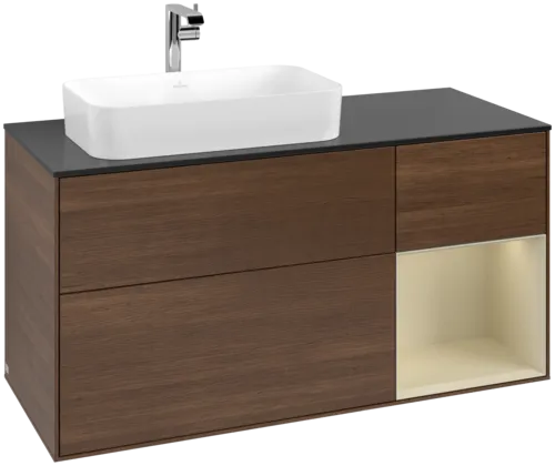 VILLEROY BOCH Toaletní skříňka Finion, s osvětlením, 3 výsuvy, 1200 x 603 x 501 mm, ořechová dýha / hedvábně šedý matný lak / sklo černé matné #F282HJGN