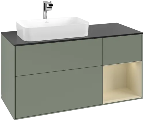 VILLEROY BOCH Toaletní skříňka Finion, s osvětlením, 3 výsuvy, 1200 x 603 x 501 mm, olivový matný lak / hedvábně šedý matný lak / černé matné sklo #F282HJGM