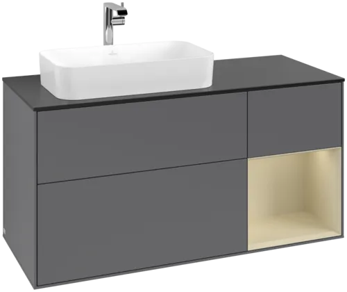 VILLEROY BOCH Toaletní skříňka Finion, s osvětlením, 3 výsuvy, 1200 x 603 x 501 mm, antracitový matný lak / hedvábně šedý matný lak / černé matné sklo #F282HJGK