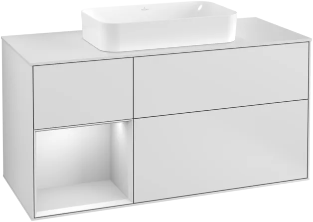 VILLEROY BOCH Toaletní skříňka Finion, s osvětlením, 3 výsuvy, 1200 x 603 x 501 mm, bílý matný lak / bílý matný lak / sklo bílé matné #F291MTMT