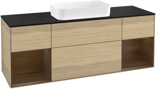 VILLEROY BOCH Toaletní skříňka Finion, s osvětlením, 4 výsuvy, 1600 x 603 x 501 mm, dubová dýha / ořechová dýha / sklo černé matné #F332GNPC