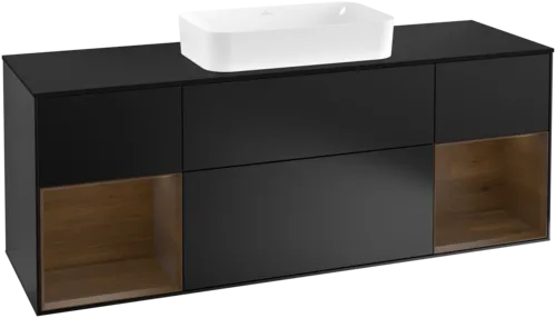 VILLEROY BOCH Toaletní skříňka Finion, s osvětlením, 4 výsuvy, 1600 x 603 x 501 mm, černý matný lak / ořechová dýha / černé matné sklo #F332GNPD