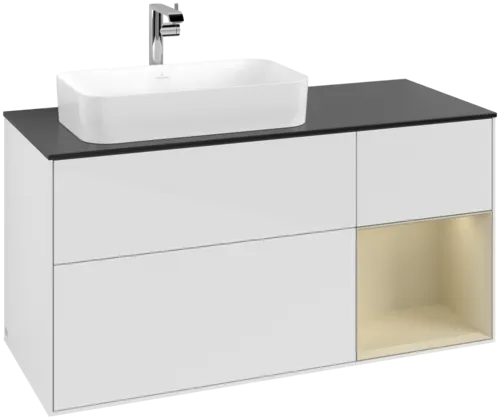 VILLEROY BOCH Toaletní skříňka Finion, s osvětlením, 3 výsuvy, 1200 x 603 x 501 mm, lesklý bílý lak / hedvábně šedý matný lak / černé matné sklo #F282HJGF