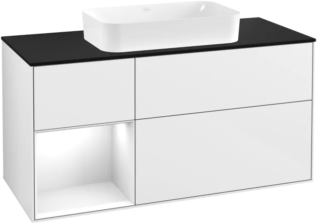 VILLEROY BOCH Toaletní skříňka Finion, s osvětlením, 3 výsuvy, 1200 x 603 x 501 mm, lesklý bílý lak / lesklý bílý lak / sklo černé matné #F292GFGF