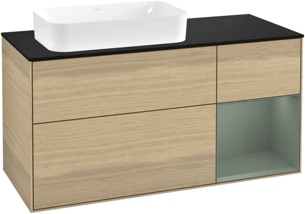 VILLEROY BOCH Toaletní skříňka Finion, s osvětlením, 3 výsuvy, 1200 x 603 x 501 mm, dubová dýha / olivově matný lak / sklo černé matné #F282GMPC