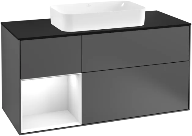 VILLEROY BOCH Toaletní skříňka Finion, s osvětlením, 3 výsuvy, 1200 x 603 x 501 mm, antracitový matný lak / lesklý bílý lak / černé matné sklo #F292GFGK